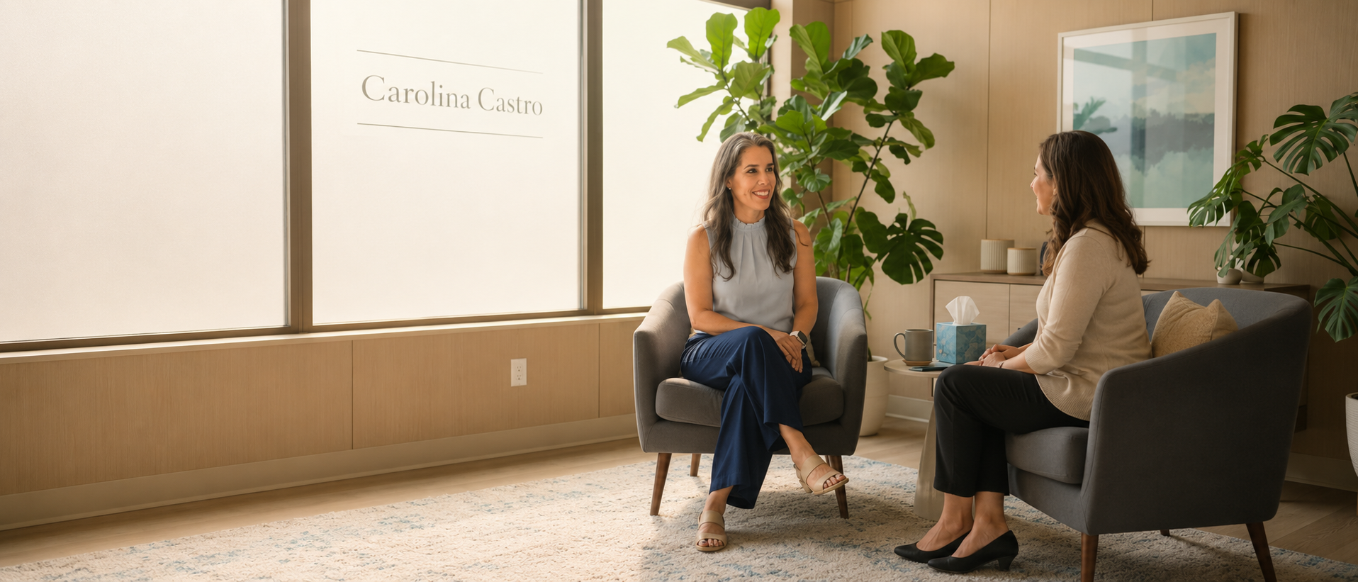 Carolina Castro em atendimento no consultório, ambiente acolhedor